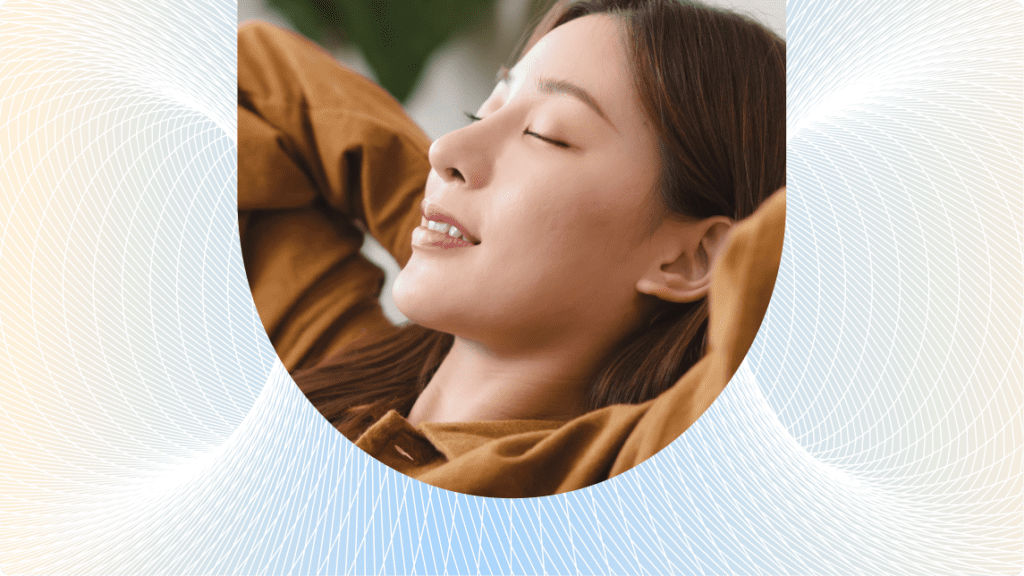 In the close-up image, a woman's face is prominently featured as she leans back. Her expression is relaxed and contemplative, with her eyes gently closed.