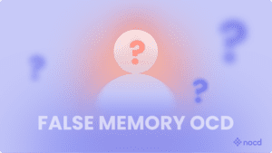 A icon of a person surrounded by question marks with the title "False memory OCD" underneath