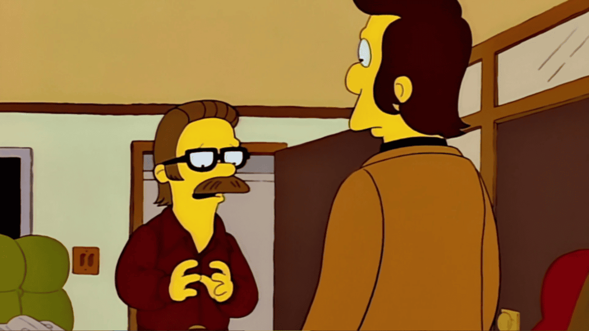 Ned Flanders coming to Reverend Lovejoy with a problem.
