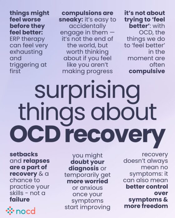 Graphic titled “surprising things about OCD recovery” highlighting unexpected or lesser-known aspects of the recovery process.
Key points include:
Things might feel worse before they feel better—ERP therapy can be exhausting and triggering at first.
Compulsions are sneaky—you may engage in them without realizing it, which can slow progress.
Recovery is not about trying to ‘feel better’—the goal is long-term change, not short-term relief.
Setbacks and relapses are a normal part of recovery and a chance to use new skills.
You might doubt your diagnosis or feel more anxious even as symptoms improve.
Recovery doesn’t always mean zero symptoms—it may mean better control and more freedom.
--
Lavender background with bold dark purple text. NOCD logo is at the bottom left. Key phrases are emphasized in black or bold font.